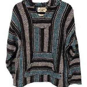 BAJA JOE Blue and Gray Pull Over Poncho Style Sweater Size Large